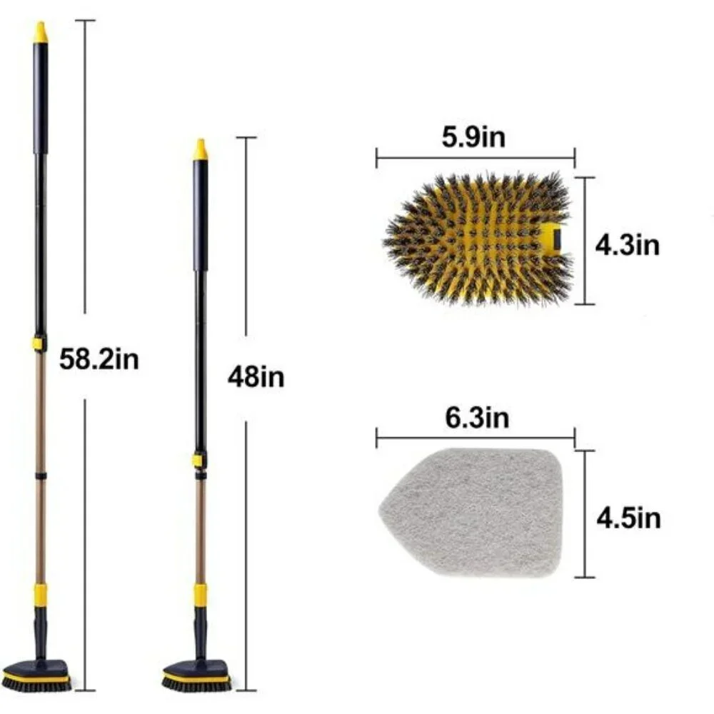 Long handle tile tub scrubber brush with 3 heads for shower bath wall floor